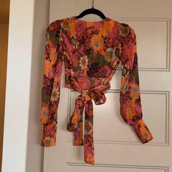 A.L.C. Samara Silk Floral Cropped Top Orange Pink Long Sleeve Blouse size 00 - Picture 11 of 13